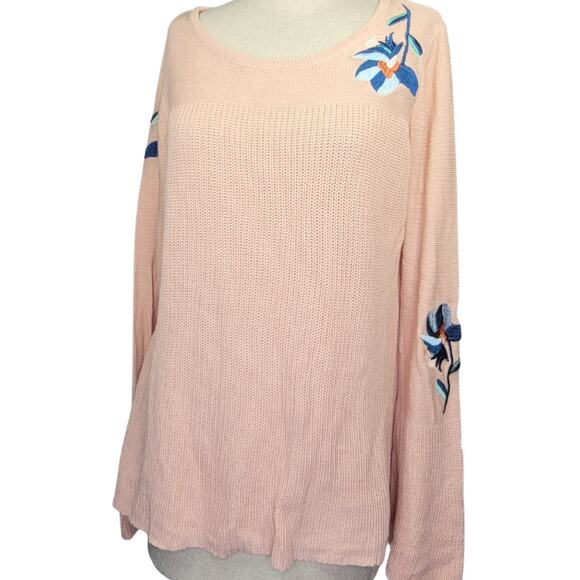 Pink Bell Sleeve Knit Floral Embroidered Sweater Size Medium - Picture 1 of 4